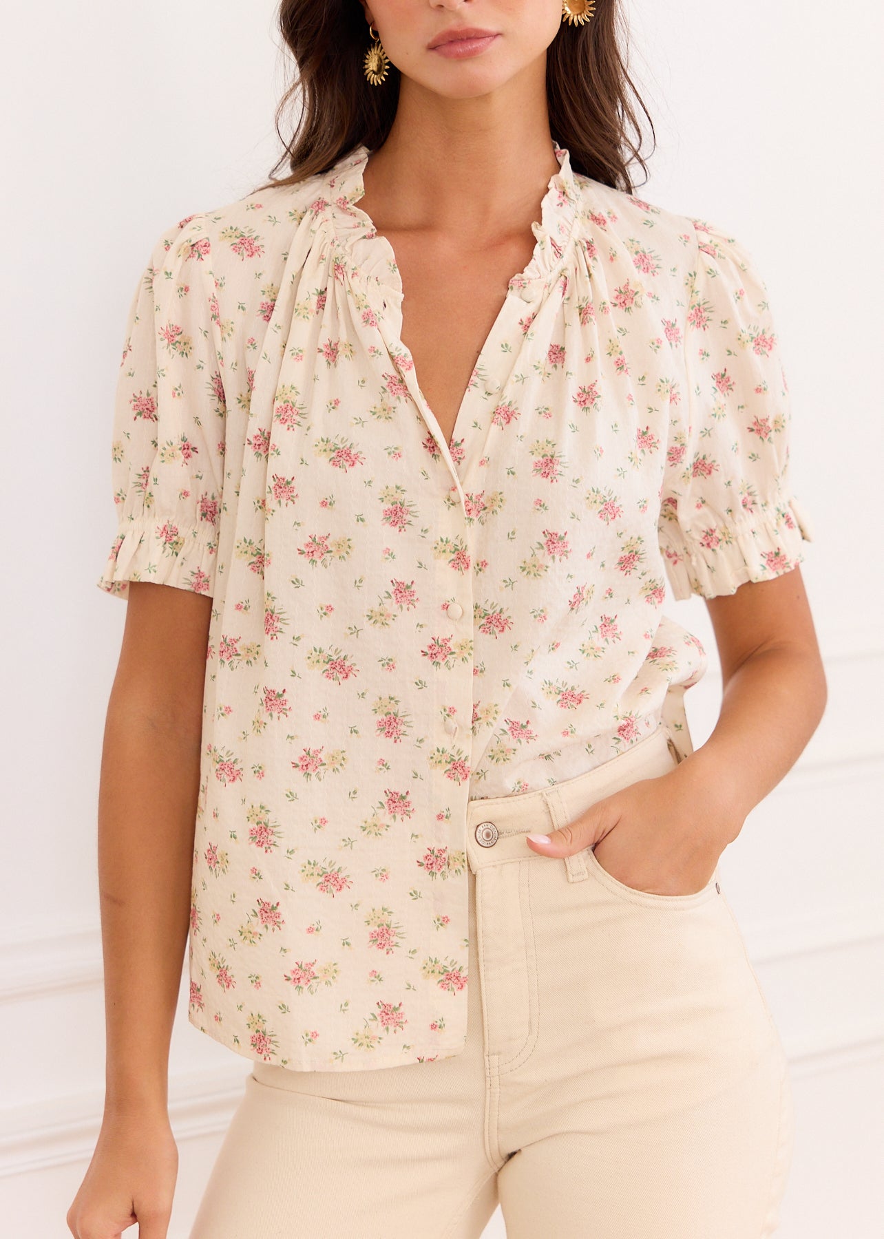 Ivory & Pink Floral Blouse - Izalia | Motus Boutique