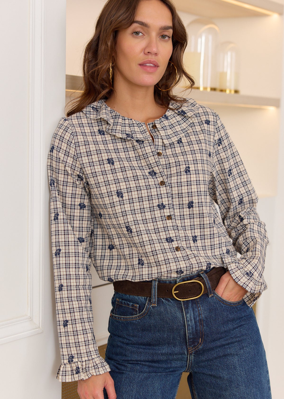 Chemisier Femme Bleu Rayé - Manches Longues Avec Volants - Taille 38/M - Neuf Sans étiquettes