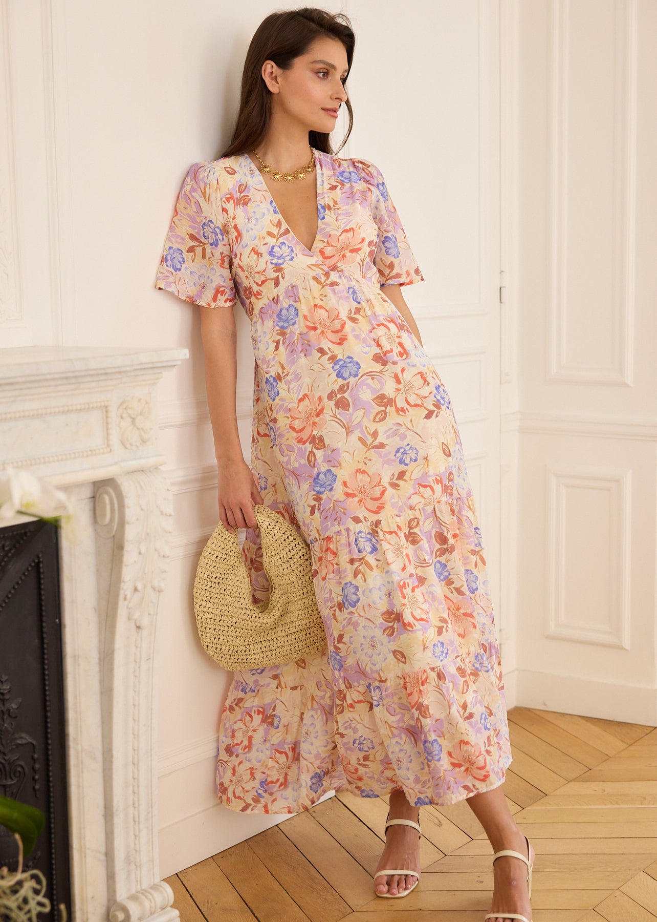 Long beige floral dress with bow closure at the back - Fiora