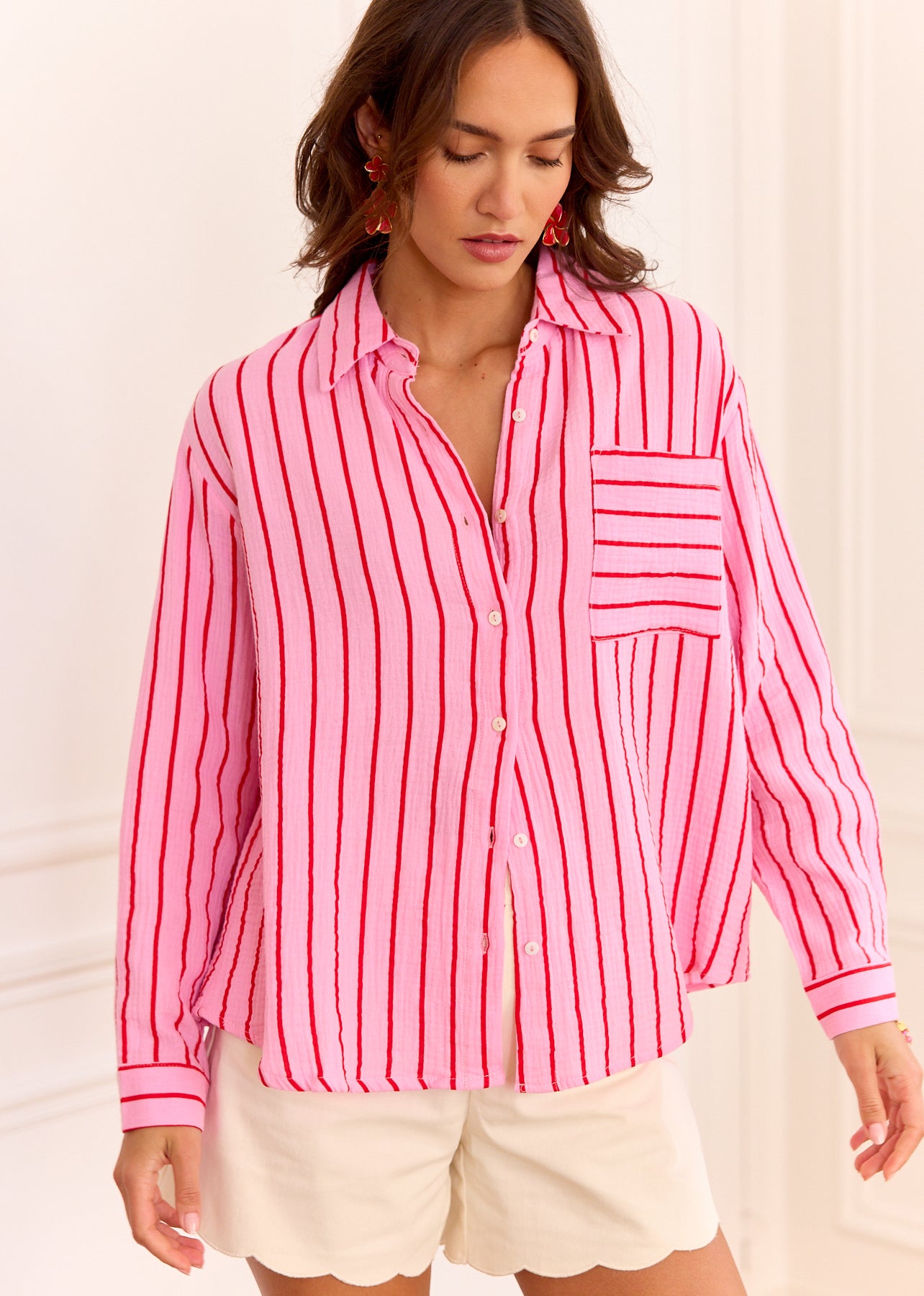 pink dress shirt and Red Striped Cotton Gauze - Inata Color:Pink Ice Kurta Pajama Dress Stock getcho-same-day