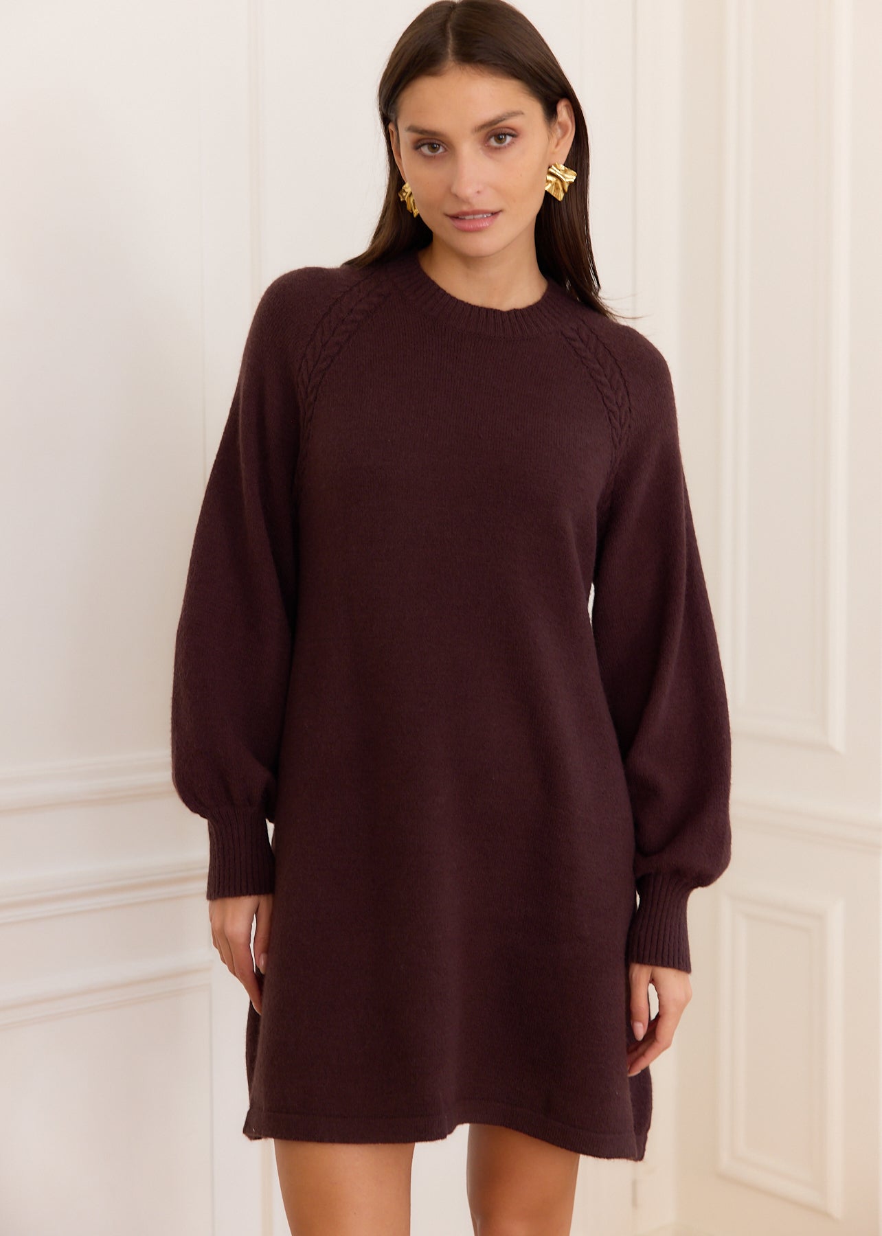 Robe Pull Blush Manches Bouffantes, Une épaule, Couleur Marron, Taille M