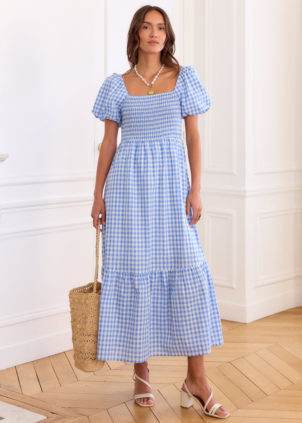 blue dress for sale Gingham Cotton Smock - Tina SCHOOL-FORMAL-GOWN Backless Dark Navy Blue Wood Finish:robins egg blue