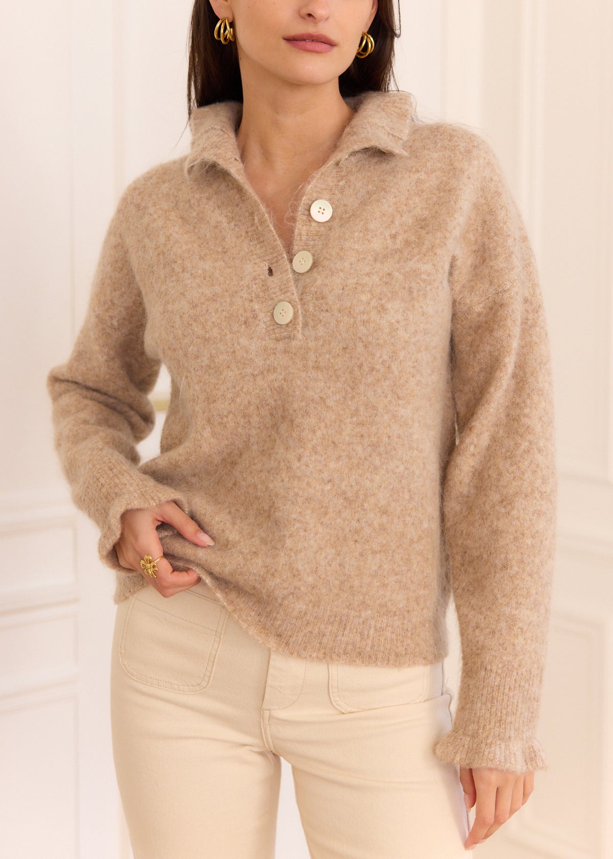 Pull en laine taupe manches longues col montant coupe droite - Morgane ...