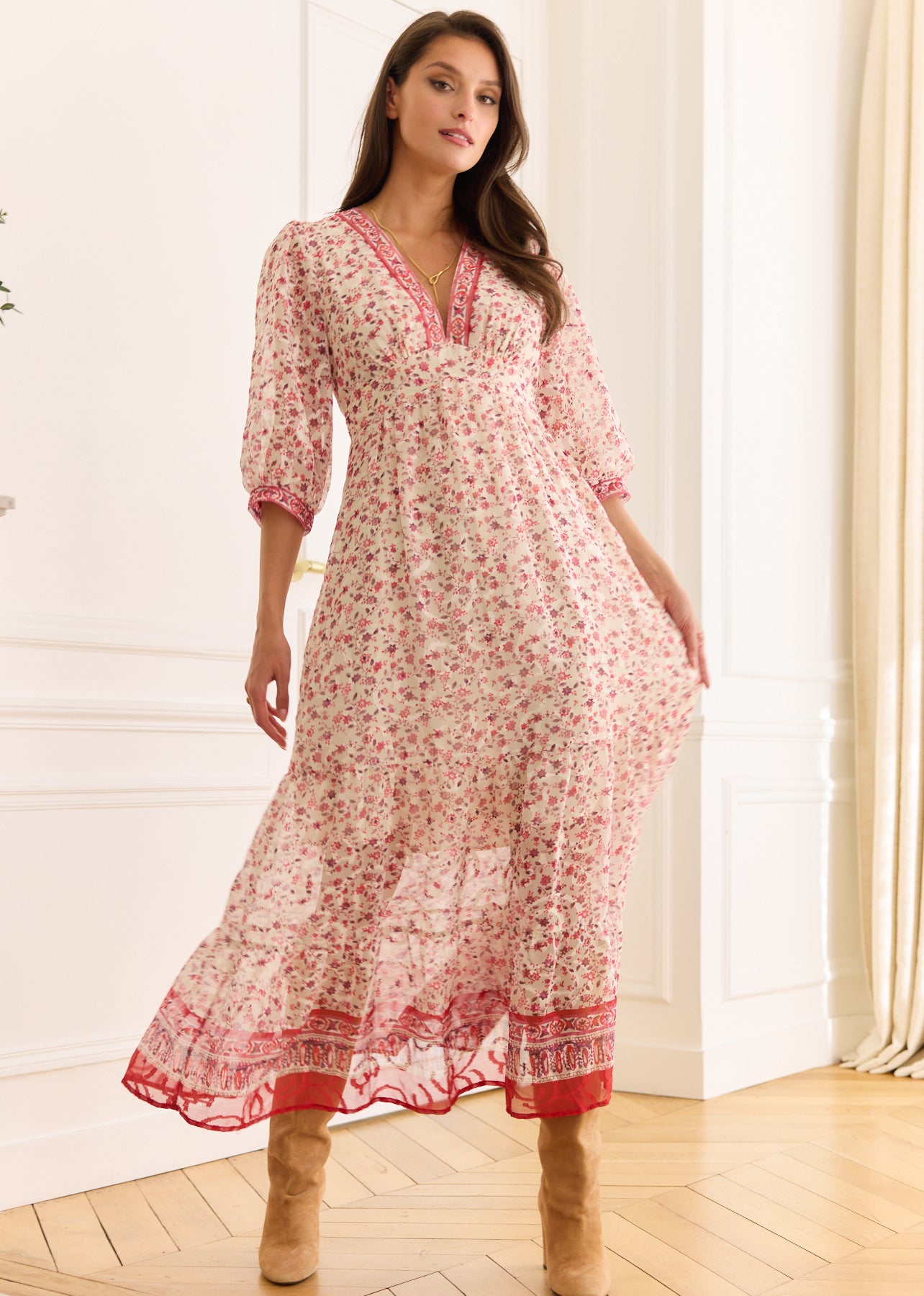 dresses akira Fuchsia Printed Maxi Dress, 3/4 Sleeves, V-Neck - Select your size:18 Luxury resortwear for women Elegant Applique Detail Sweetheart