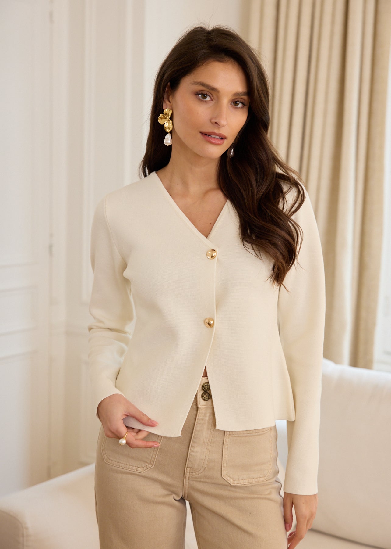 Guess Gilet Beige A Manches Longues Et Col En V Pour Femme main image 0