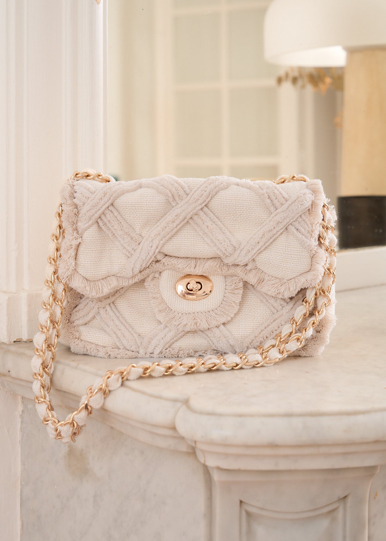 Sac bandouliere en coton beige chaine metallique Mini Liora Motus Boutique