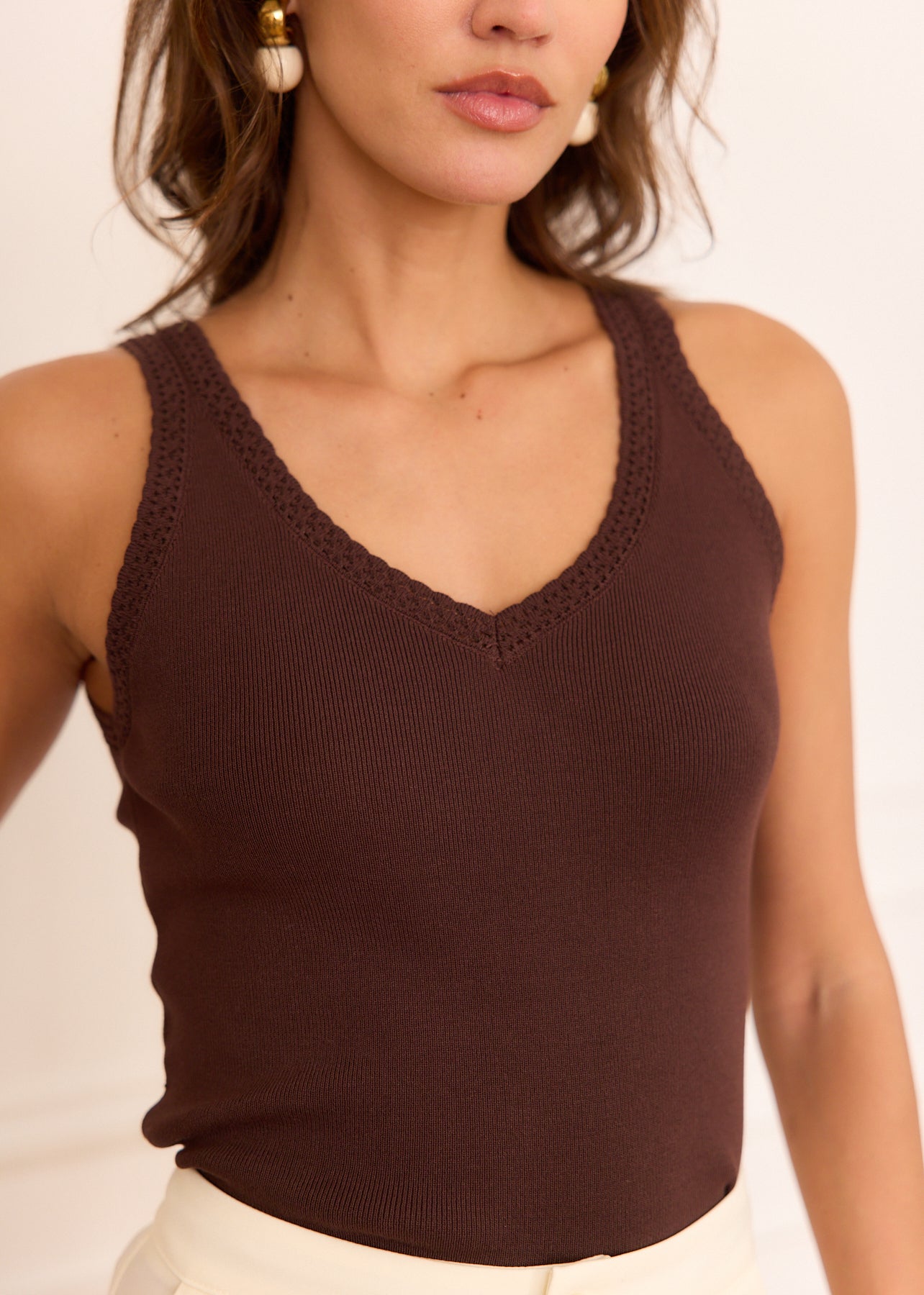 Brown Sleeveless V-Neck Openwork Viscose Knit Top - Zira | Motus