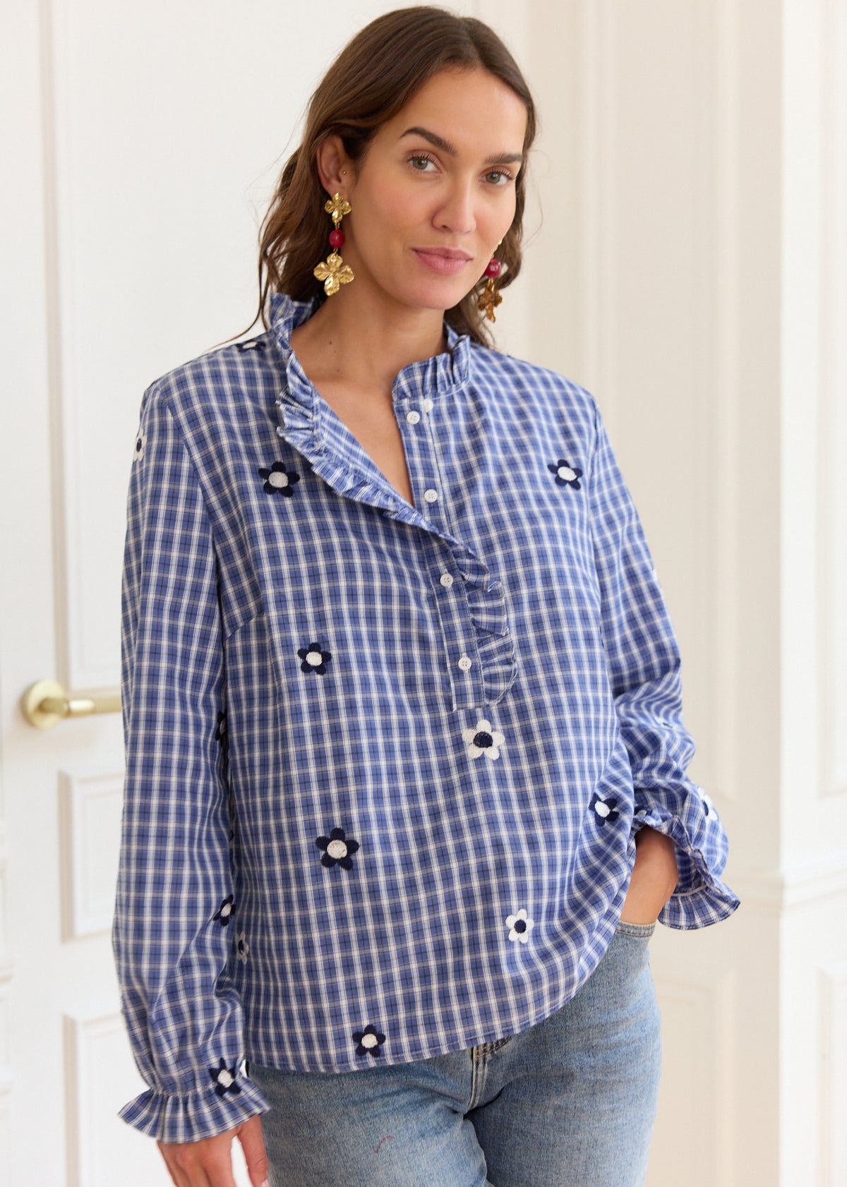 Blue and white checked cotton blouse with long sleeves and a ruffled ...