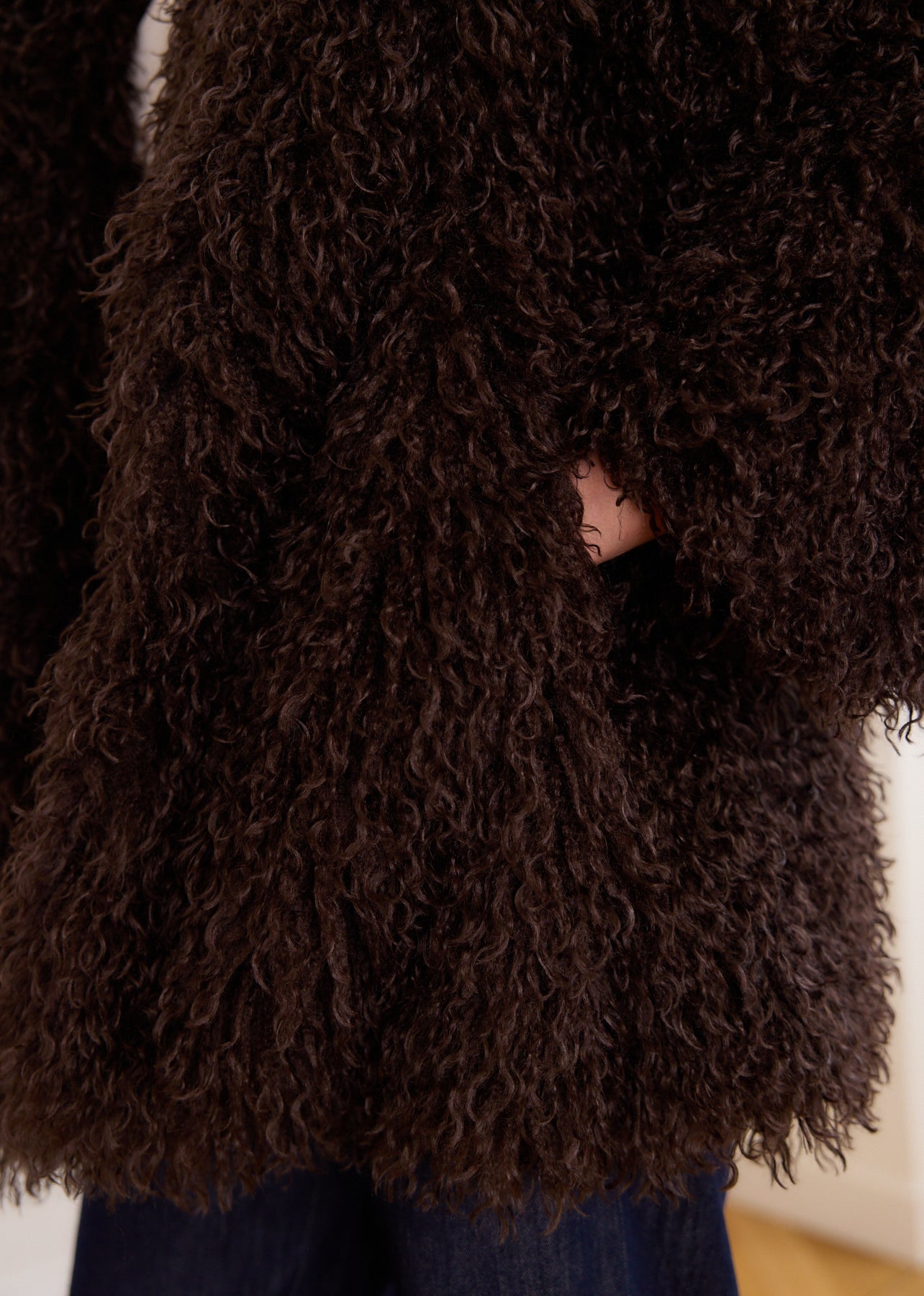 Brown faux fur coat with curly hair, long sleeves, and a round