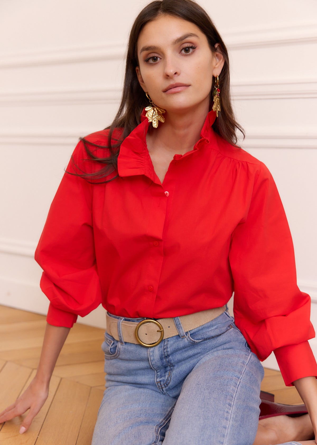 Bibite Volante Rouges Chemise en coton rouge manches longues col rond volanté - Nais | Motus ...