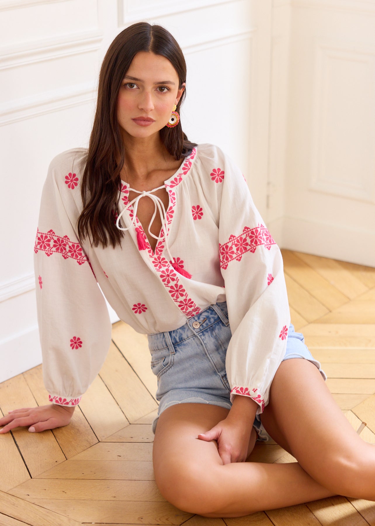 Ecru Embroidered Blouse, Long Sleeves, Ruffled Neck - Raissa | Motus