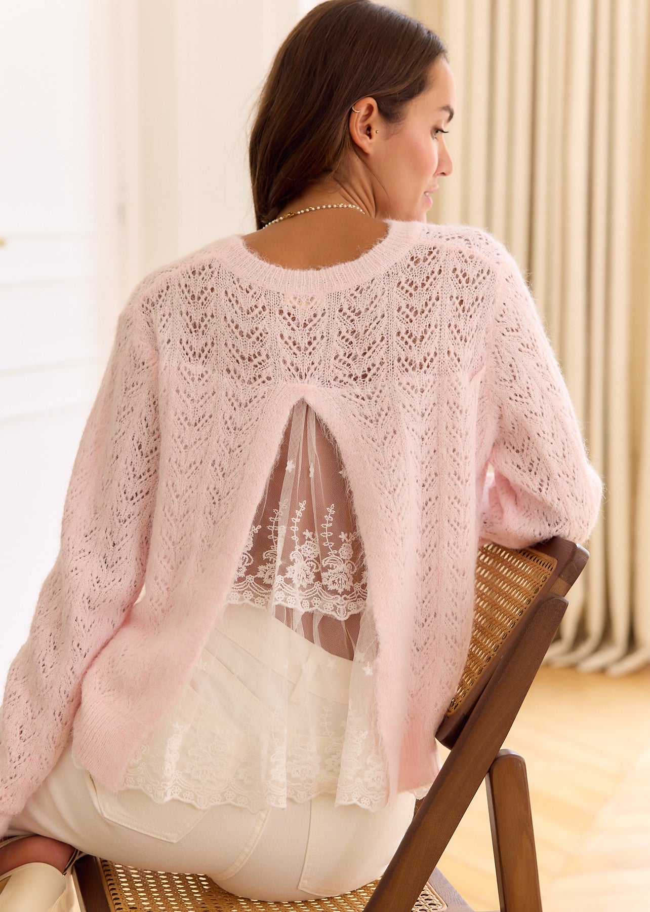 Pink Wool Pointelle Crew Neck Sweater - Roxy | Motus Boutique