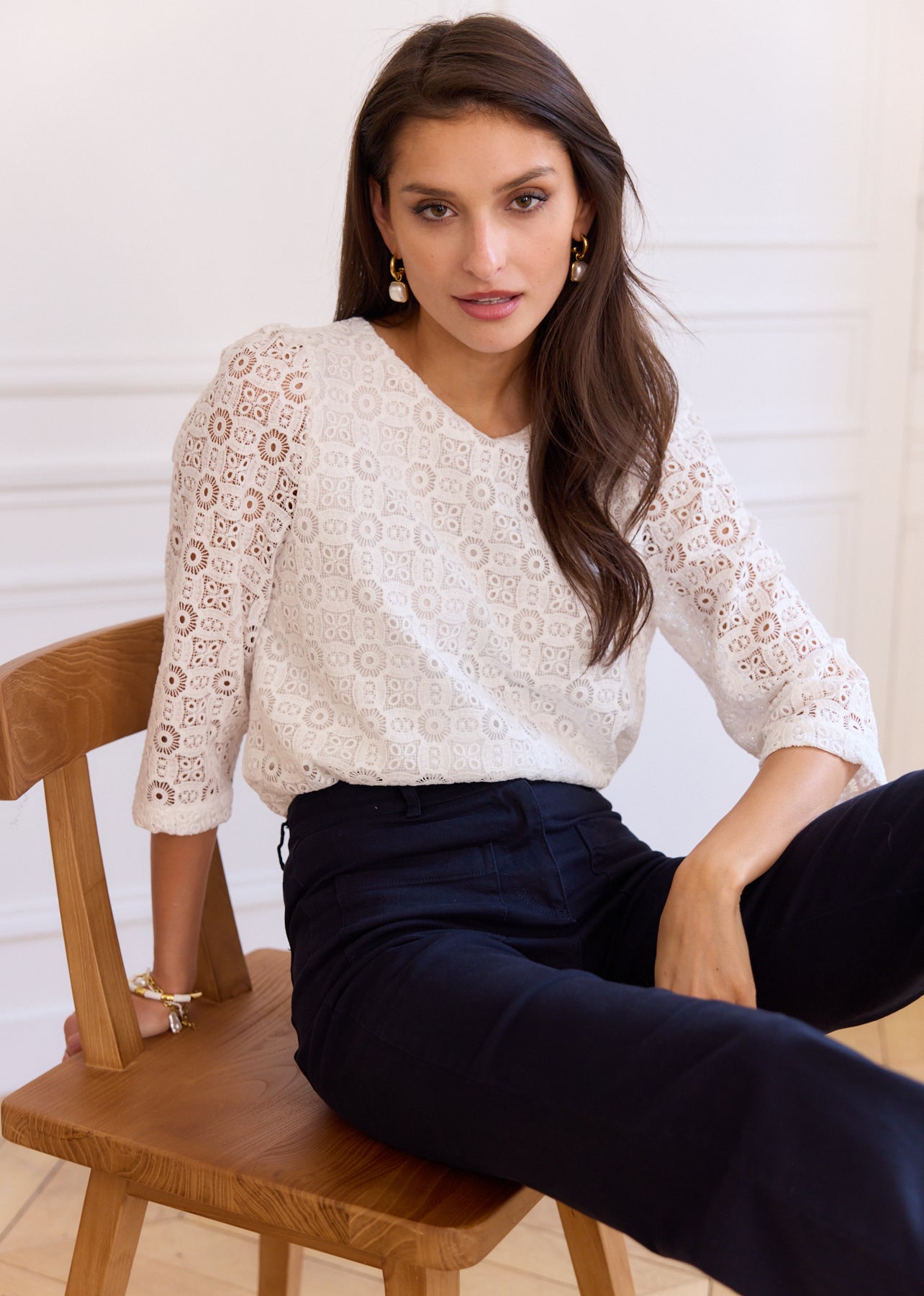 Ecru Lace Blouse, 3/4 Sleeves, Round Neck - Yacinthe | Motus