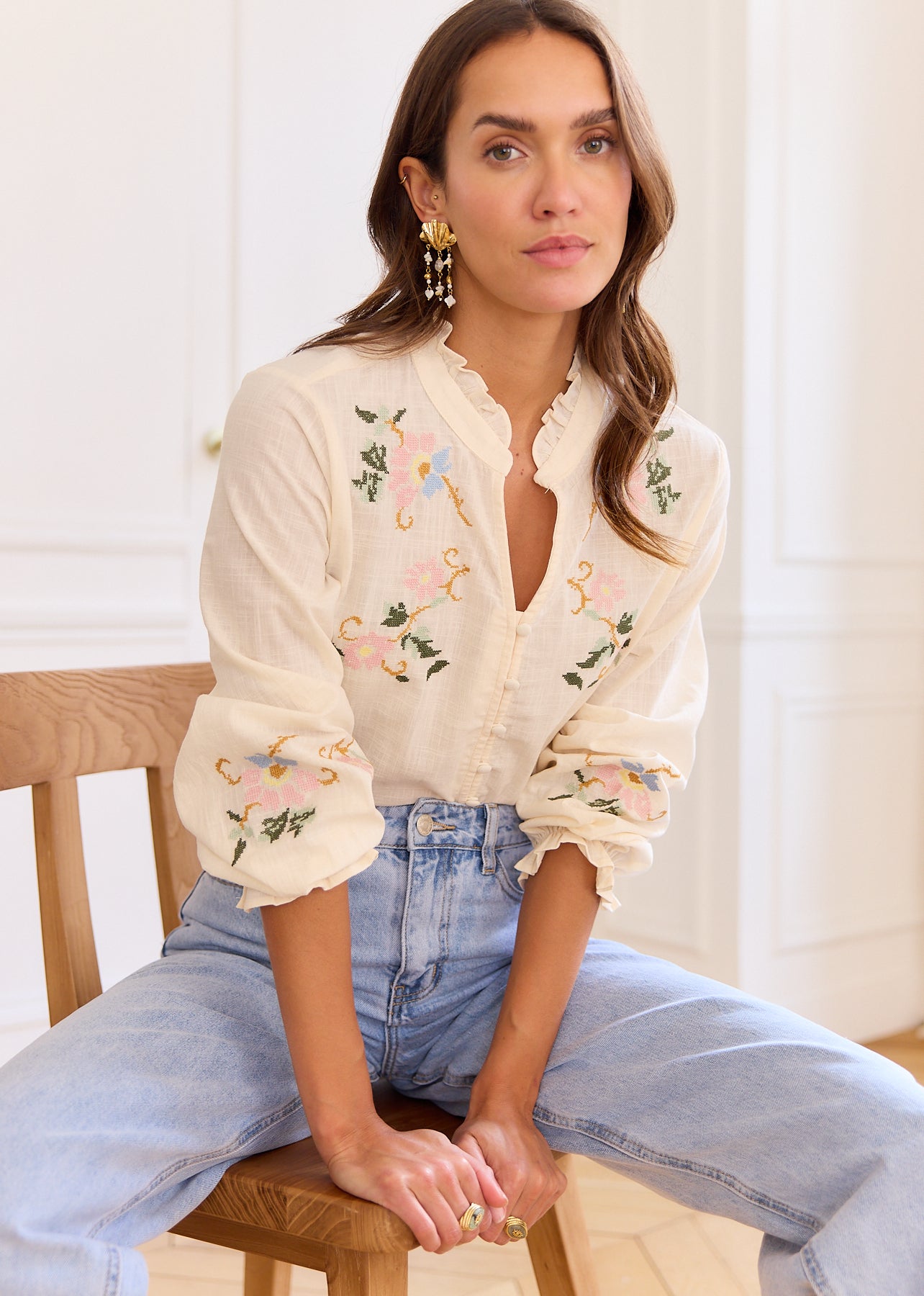 Beige Floral Embroidered Cotton Blouse - Yaelle | Motus Boutique