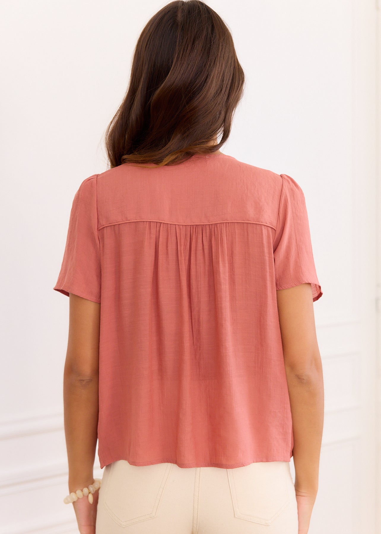 Dusty Rose V-Neck Short-Sleeve Blouse - Isra | Motus Boutique