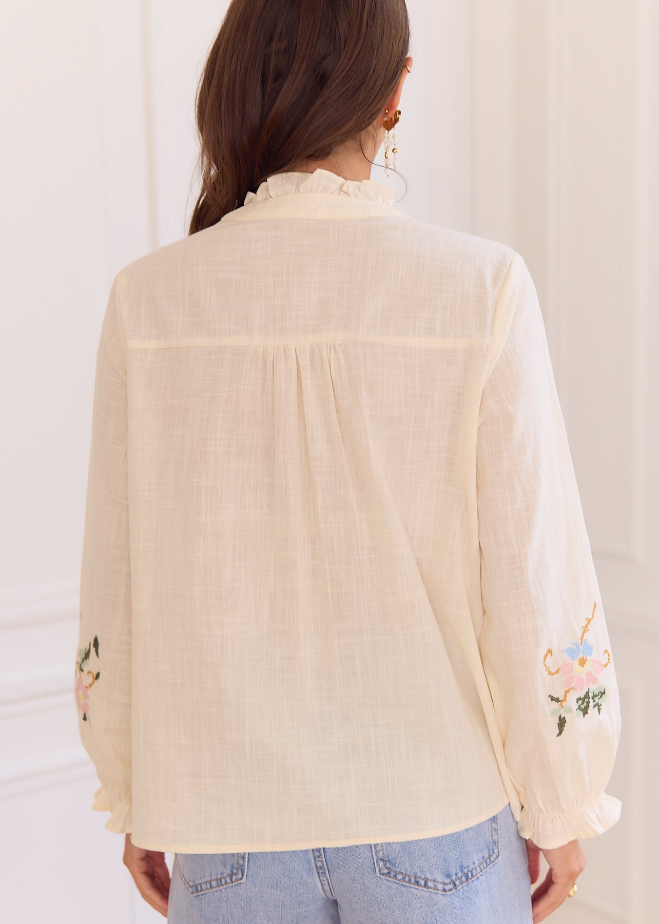 Beige Floral Embroidered Cotton Blouse - Yaelle | Motus Boutique