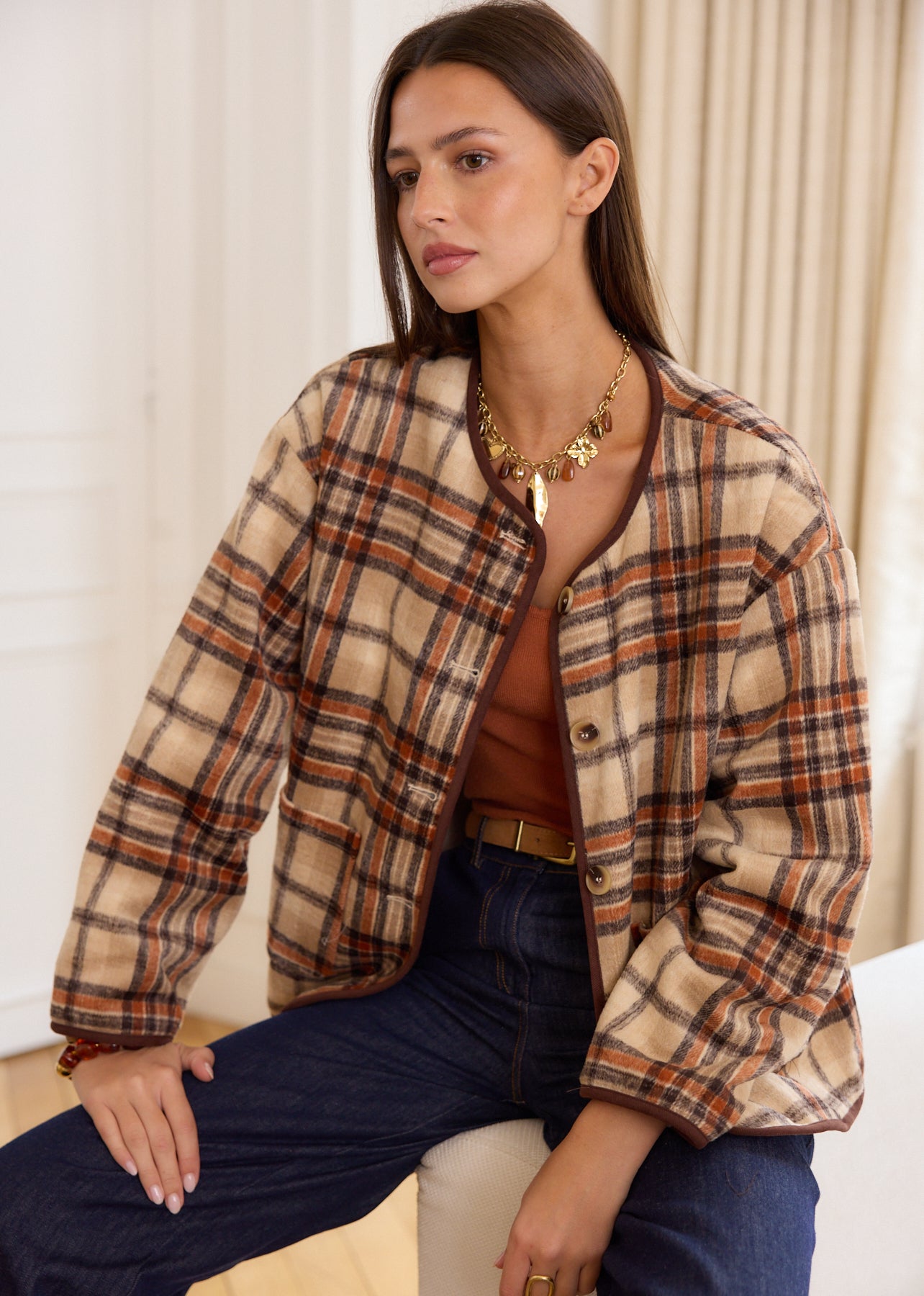 Long-sleeved plaid jacket with sheepskin lining - Miranda | Motus