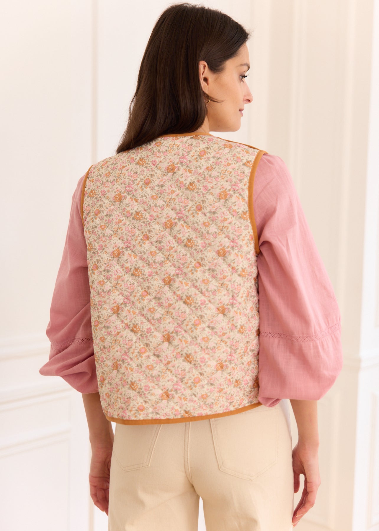 Beige Floral Cotton Quilted V-Neck Vest - Milly | Motus