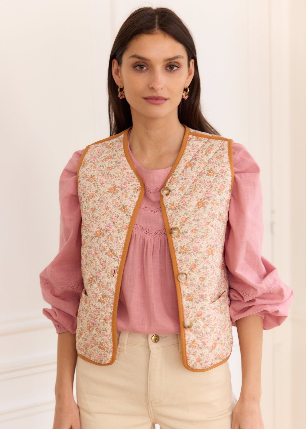 Beige Floral Cotton Quilted V-Neck Vest - Milly | Motus