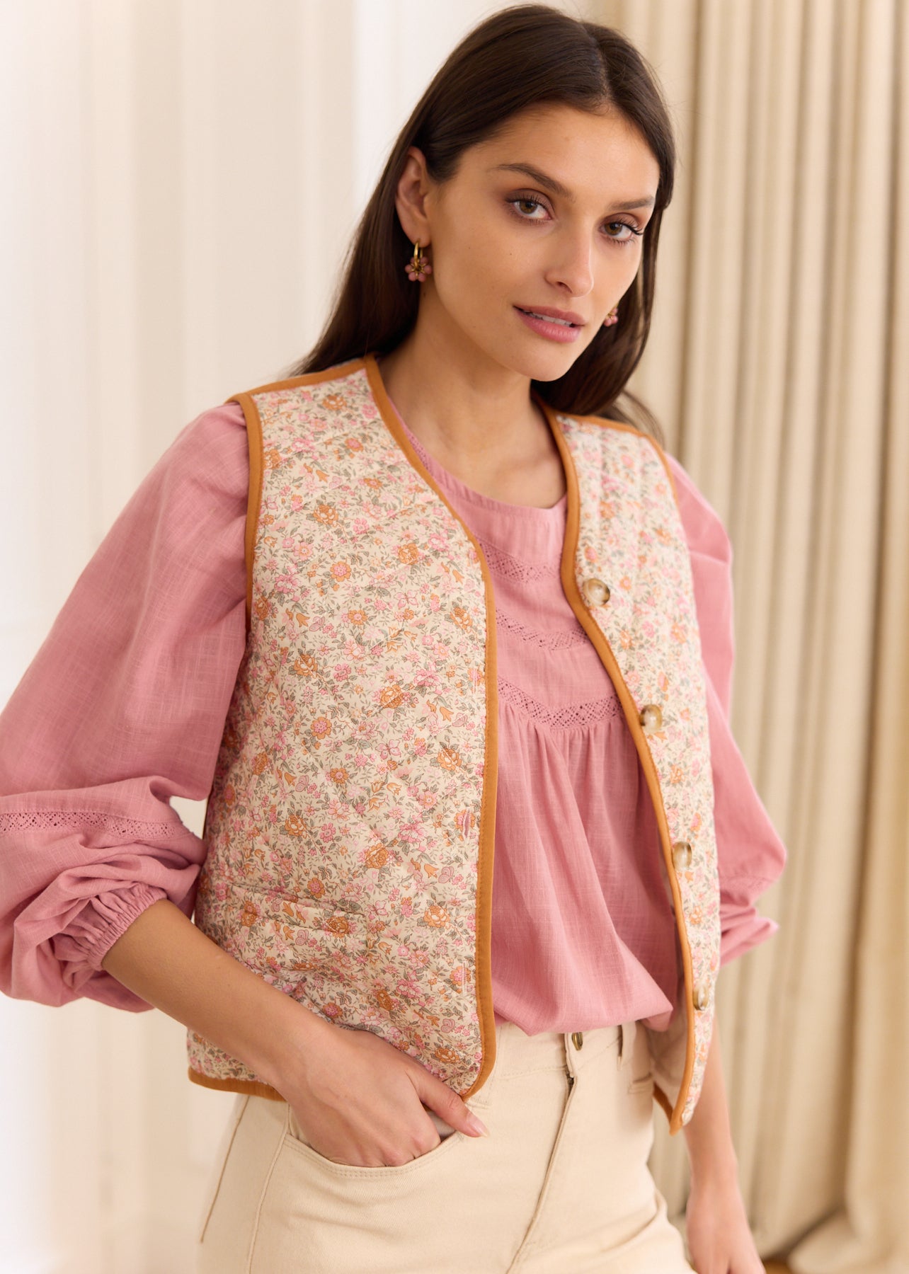 Beige Floral Cotton Quilted V-Neck Vest - Milly | Motus
