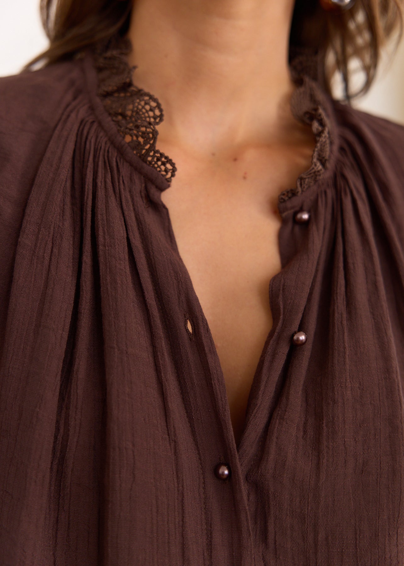 Chocolate Viscose Blouse with Lace Details – Paola | Motus Boutique