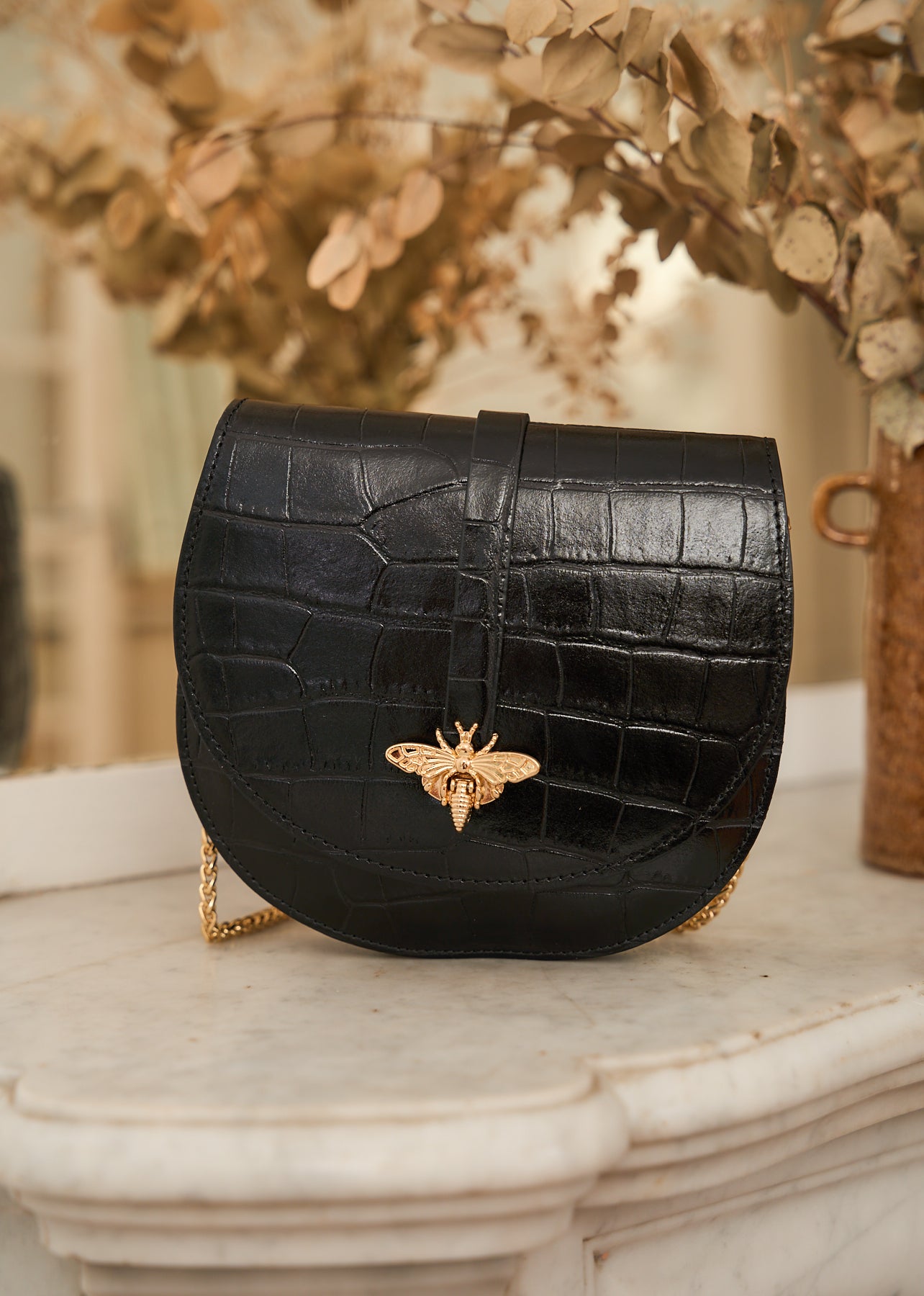 Sac cuir noir crocodile fermoir libellule Paul Motus Boutique