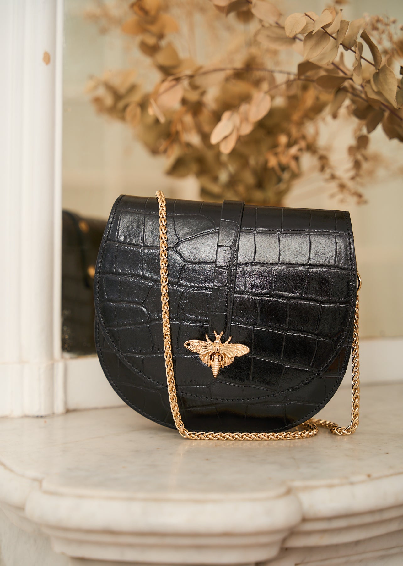 Sac cuir noir crocodile fermoir libellule Paul Motus Boutique